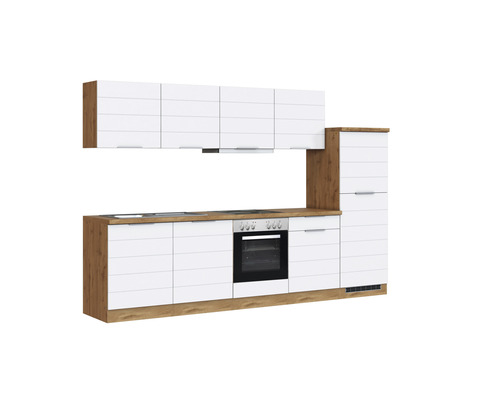 Küchenzeile mit Ober- und Unterschränken sowie Elektrogeräten