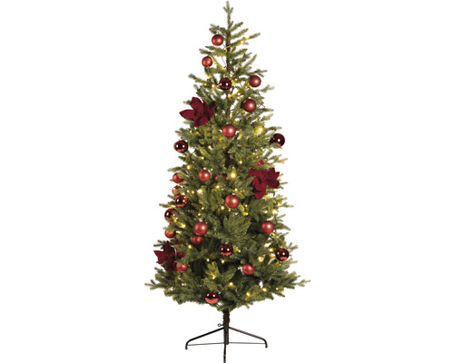 Geschmückter Weihnachtsbaum mit Kugeln und Blumen