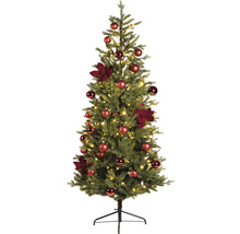 Geschmückter Weihnachtsbaum mit Kugeln, Blumen und Lichtern