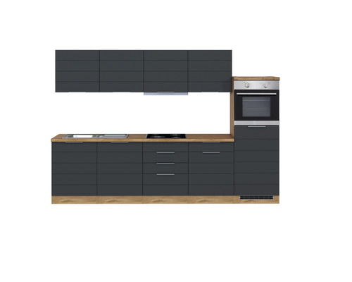 Held Möbel Küchenzeile mit Geräten Florenz 300 cm Frontfarbe grau matt Korpusfarbe eiche hell zerlegt