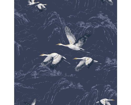 Vliestapete 114894 Laura Ashley Animalia Blau Tapete mit Kranich- und Bergmuster