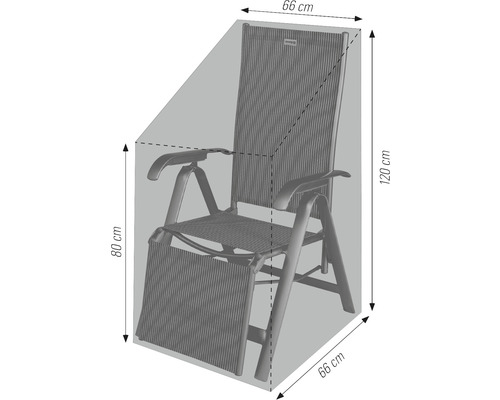 Abmessungen eines Gartenstuhls: 66 cm breit, 120 cm hoch, 66 cm tief