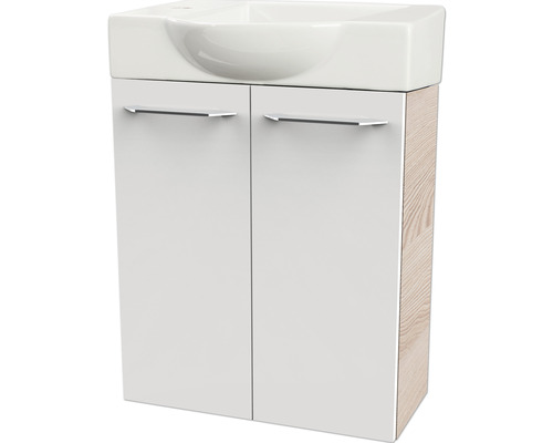 Waschbeckenunterschrank mit zwei Türen und seitlicher Holzoptik