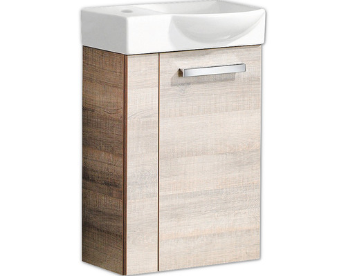 Waschtischunterschrank mit einem Waschbecken und einer Tür in Holzoptik