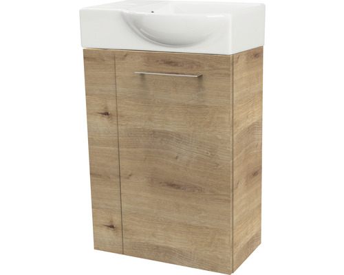 Waschtischunterschrank mit einem Waschbecken aus Keramik und einer Holztür