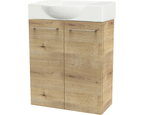 Waschtischunterschrank mit Holztüren und weißem Waschbecken