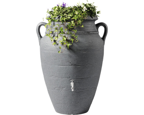 Regentonne GARANTIA Antik Amphore 600 Liter dark granite Grauer Wasserspeicher mit Pflanzen und Wasserhahn