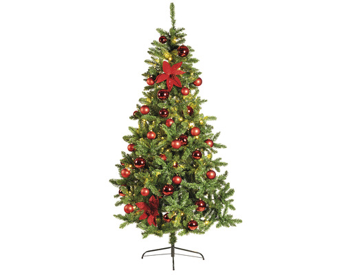 Geschmückter Weihnachtsbaum mit Kugeln und Blumen