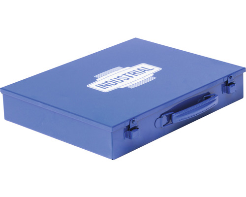 Blauer Werkzeugkasten mit Griff und Aufschrift Industrial
