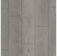 Grauer Laminatboden mit Holzoptik.