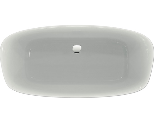 Aufsicht auf ein rechteckiges Aufsatzwaschbecken aus Keramik mit Ablaufgarnitur