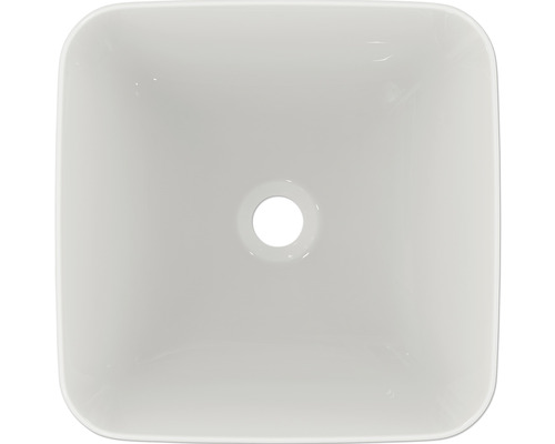 Aufsicht auf ein quadratisches Waschbecken aus Keramik mit Abflussloch