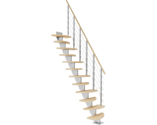 Pertura Mittelholmtreppe Aris Perlgrau Variabel variabel 1/4 gewendelt unten links/rechts Gerade 64 cm Relinggeländer Buche Leimholz Geölt 12 Stufen / 13 Steigungen Raumspartreppe mit Holzstufen und Metallgeländer