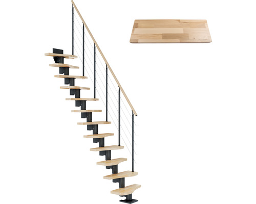 Pertura Mittelholmtreppe Raumspartreppe Vaia Anthrazit Variabel variabel 1/4 gewendelt unten links/rechts Gerade 64 cm Stabgeländer Buche Leimholz Lackiert 12 Stufen / 13 Steigungen Raumspartreppe mit Stahlgeländer und Holzstufen sowie zusätzliche Holzstufe
