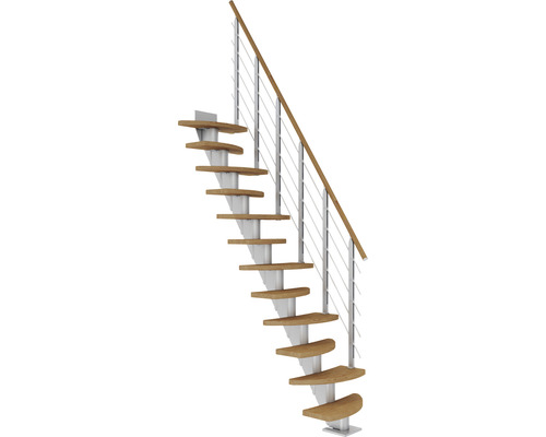 Pertura Mittelholmtreppe Aris Perlgrau Variabel 64 cm Relinggeländer Eiche Leimholz Geölt 10 Stufen 11 Steigungen