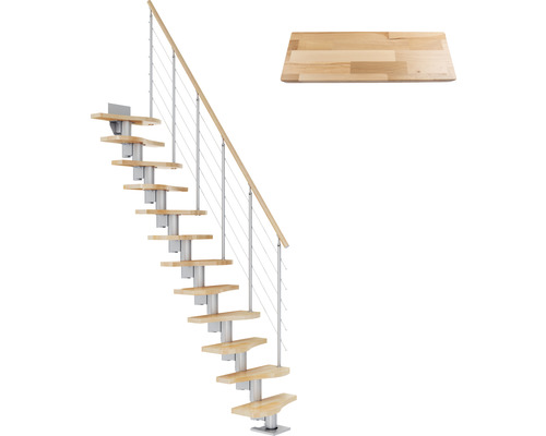 Pertura Mittelholmtreppe Raumspartreppe Vaia Perlgrau Variabel variabel 1/4 gewendelt unten links/rechts Gerade 64 cm Stabgeländer Buche Leimholz Lackiert 13 Stufen / 14 Steigungen Raumspartreppe aus Holz und Metall mit Geländer und Trittstufe