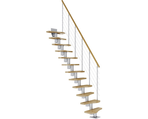 Pertura Mittelholmtreppe Raumspartreppe Vaia Perlgrau Variabel variabel 1/4 gewendelt unten links/rechts Gerade 64 cm Stabgeländer Eiche Leimholz Lackiert 12 Stufen / 13 Steigungen Holztreppe mit Metallstufen und Geländer