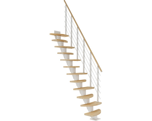 Pertura Mittelholmtreppe Aris Weiß Variabel variabel 1/4 gewendelt unten links/rechts Gerade 64 cm Relinggeländer Buche Leimholz Geölt 11 Stufen / 12 Steigungen Raumspartreppe aus Holz mit Metallgeländer