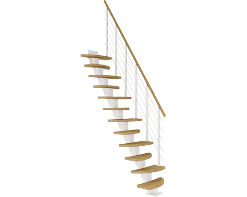 Pertura Mittelholmtreppe Aris Weiß Variabel variabel 1/4 gewendelt unten links/rechts Gerade 64 cm Relinggeländer Eiche Geölt 13 Stufen / 14 Steigungen Raumspartreppe mit Holzstufen und Geländer