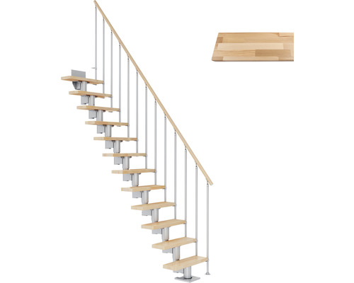 Pertura Mittelholmtreppe Spiros Perlgrau Gerade 65 cm Stabgeländer Buche Leimholz Lackiert 13 Stufen / 14 Steigungen