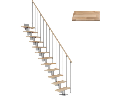 Pertura Mittelholmtreppe Spiros Perlgrau 65 cm Stabgeländer Buche Leimholz Lackiert 14 Stufen 15 Steigungen