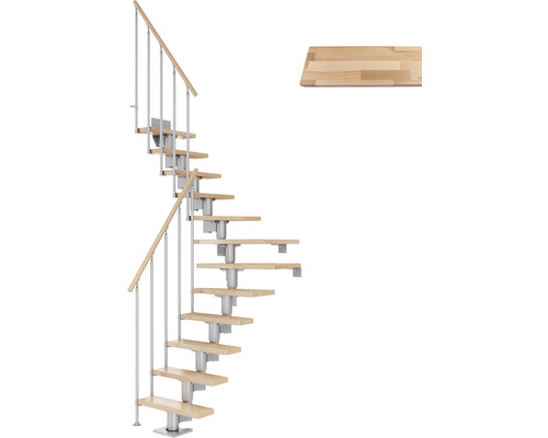 Pertura Mittelholmtreppe Spiros Perlgrau 1/4 gewendelt unten links/rechts 65 cm Stabgeländer Buche Leimholz Lackiert 14 Stufen / 15 Steigungen