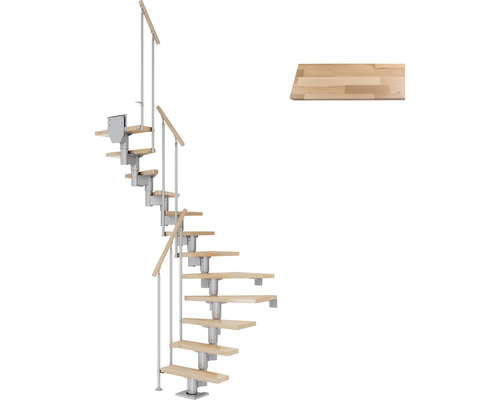 Pertura Mittelholmtreppe Spiros Perlgrau 65 cm Stabgeländer Buche Leimholz Lackiert 13 Stufen 14 Steigungen