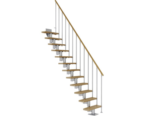 Pertura Mittelholmtreppe Spiros Perlgrau 65 cm Stabgeländer Eiche Lackiert 11 Stufen 12 Steigungen