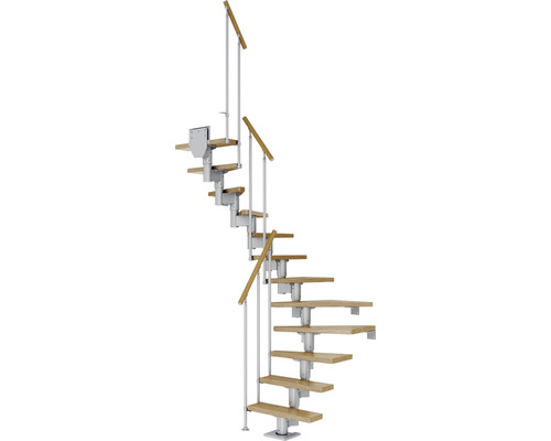 Pertura Mittelholmtreppe Spiros Perlgrau 65 cm Stabgeländer Eiche Lackiert 11 Stufen 12 Steigungen