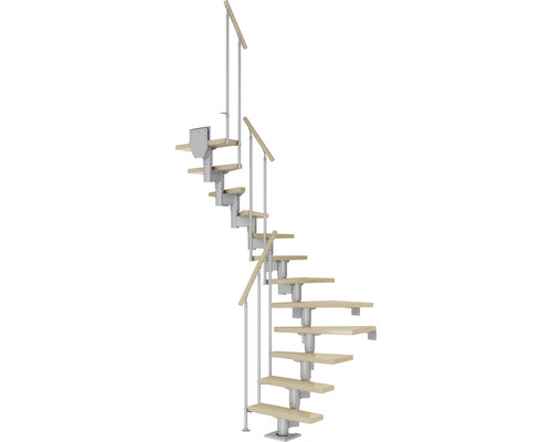 Pertura Mittelholmtreppe Spiros Perlgrau 1/2-gewendelt 65 cm Stabgeländer Ahorn Leimholz Lackiert 14 Stufen / 15 Steigungen