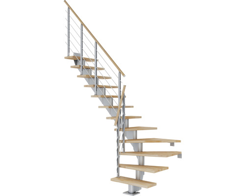 Pertura Mittelholmtreppe Alena Perlgrau 1/4 gewendelt unten links/rechts 75 cm Relinggeländer Buche Leimholz Geölt 14 Stufen / 15 Steigungen Raumspartreppe mit Holzstufen und Metallgeländer