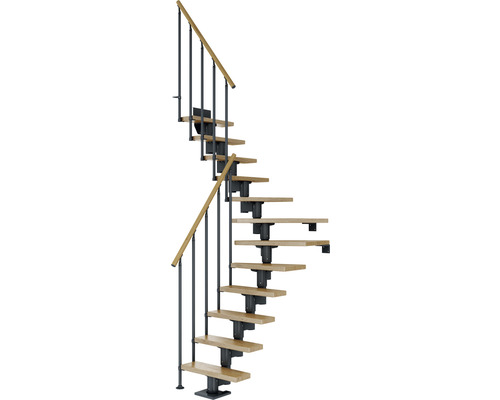Pertura Mittelholmtreppe Spiros Anthrazit 1/4 gewendelt unten links/rechts 65 cm Stabgeländer Eiche Lackiert 12 Stufen / 13 Steigungen Wendeltreppe mit Holzstufen und Metallgeländer