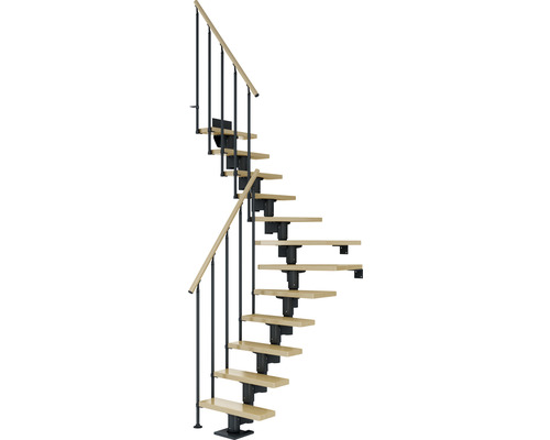 Pertura Mittelholmtreppe Spiros Anthrazit 1/4 gewendelt unten links/rechts 65 cm Stabgeländer Ahorn Leimholz Lackiert 11 Stufen / 12 Steigungen