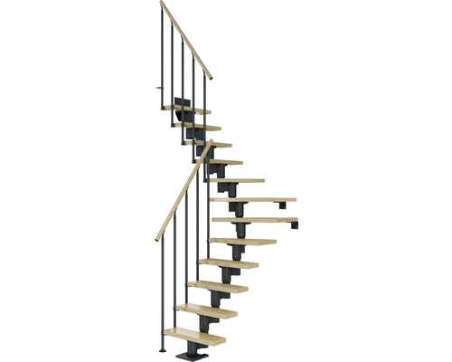 Pertura Mittelholmtreppe Spiros Anthrazit 1/4 gewendelt unten links/rechts 65 cm Stabgeländer Ahorn Leimholz Lackiert 14 Stufen / 15 Steigungen