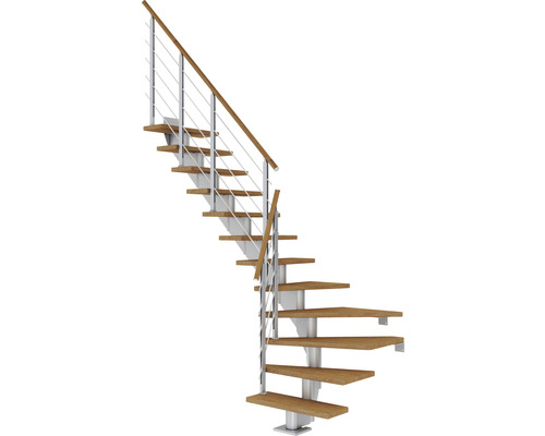 Pertura Mittelholmtreppe Alena Perlgrau 1/4 gewendelt unten links/rechts 75 cm Relinggeländer Eiche Leimholz Geölt 11 Stufen / 12 Steigungen