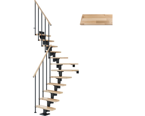 Pertura Mittelholmtreppe Spiros Anthrazit 1/4 gewendelt unten links/rechts 65 cm Stabgeländer Buche Leimholz Lackiert 11 Stufen / 12 Steigungen