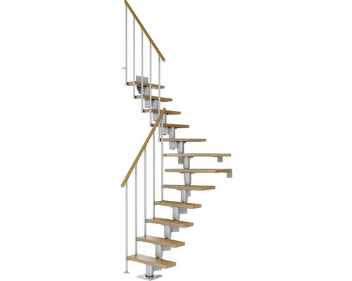 Pertura Mittelholmtreppe Spiros Perlgrau 1/4 gewendelt unten links/rechts 75 cm Stabgeländer Eiche Lackiert 13 Stufen / 14 Steigungen Wendeltreppe mit Holzstufen und Metallgeländer