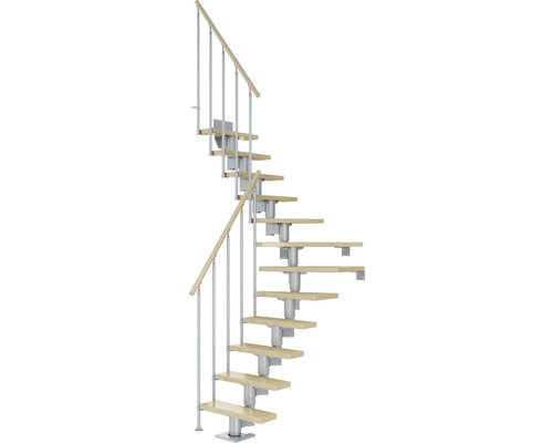 Pertura Mittelholmtreppe Spiros Perlgrau 1/4 gewendelt unten links/rechts 75 cm Stabgeländer Ahorn Leimholz Lackiert 12 Stufen / 13 Steigungen