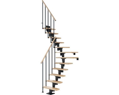 Pertura Mittelholmtreppe Spiros Anthrazit 1/4 gewendelt unten links/rechts 75 cm Stabgeländer Buche Leimholz Lackiert 11 Stufen / 12 Steigungen