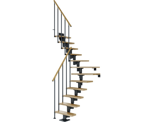 Pertura Mittelholmtreppe Spiros Anthrazit 1/4 gewendelt unten links/rechts 75 cm Stabgeländer Eiche Lackiert 12 Stufen / 13 Steigungen Wendeltreppe mit Holzstufen und Metallgeländer