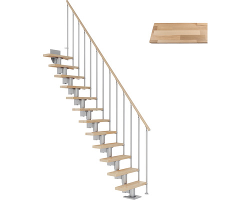 Pertura Mittelholmtreppe Spiros Perlgrau 75 cm Stabgeländer Buche Leimholz Lackiert 11 Stufen 12 Steigungen