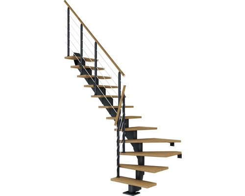 Pertura Mittelholmtreppe Alena Anthrazit 1/4 gewendelt unten links/rechts 75 cm Relinggeländer Eiche Geölt 13 Stufen / 14 Steigungen Spindeltreppe mit Holzstufen und Geländer aus Metall