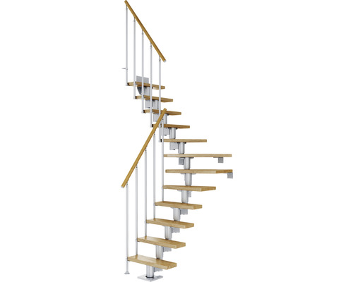 Pertura Mittelholmtreppe Spiros Perlgrau 1/4 gewendelt unten links/rechts 75 cm Stabgeländer Eiche Lackiert 12 Stufen / 13 Steigungen