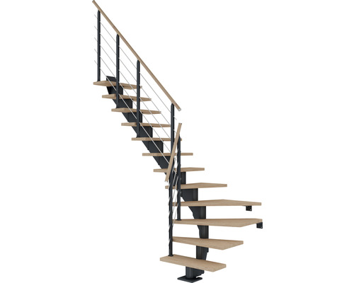 Pertura Mittelholmtreppe Alena Anthrazit 1/4 gewendelt unten links/rechts 75 cm Relinggeländer Eiche Weiss geölt 12 Stufen / 13 Steigungen Raumspartreppe mit Holzstufen und Metallgeländer