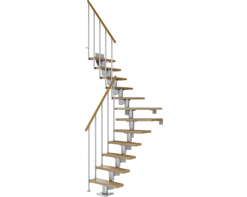Pertura Mittelholmtreppe Spiros Perlgrau 1/4 gewendelt unten links/rechts 75 cm Stabgeländer Eiche Lackiert 14 Stufen / 15 Steigungen Spindeltreppe mit Holzstufen und Metallgeländer