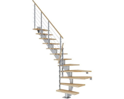 Pertura Mittelholmtreppe Alena Perlgrau 1/4 gewendelt unten links/rechts 85 cm Relinggeländer Buche Leimholz Geölt 13 Stufen / 14 Steigungen Wendeltreppe mit Holzstufen und Metallgeländer