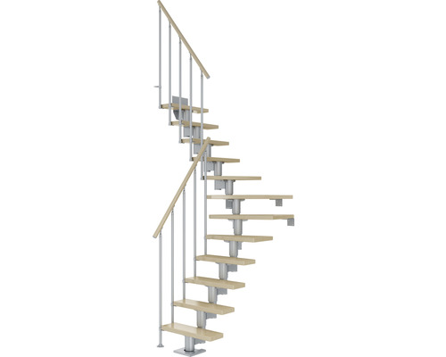 Pertura Mittelholmtreppe Spiros Perlgrau 1/4 gewendelt unten links/rechts 75 cm Stabgeländer Ahorn Leimholz Lackiert 14 Stufen / 15 Steigungen