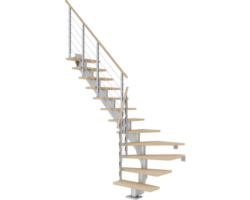 Pertura Mittelholmtreppe Alena Perlgrau 1/4 gewendelt unten links/rechts 85 cm Relinggeländer Eiche Leimholz Geölt 13 Stufen / 14 Steigungen