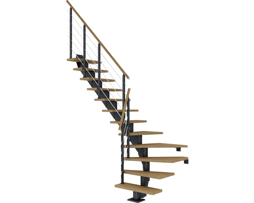 Pertura Mittelholmtreppe Alena Anthrazit 1/4 gewendelt unten links/rechts 85 cm Relinggeländer Eiche Geölt 13 Stufen / 14 Steigungen Spindeltreppe mit Holzstufen und Metallgeländer
