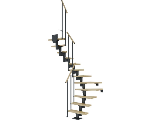 Pertura Mittelholmtreppe Spiros Anthrazit 1/2-gewendelt 75 cm Stabgeländer Ahorn Leimholz Lackiert 13 Stufen / 14 Steigungen